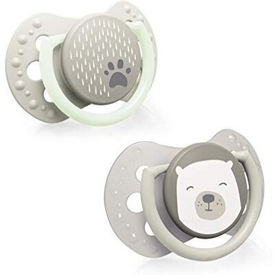 LOVI Mini chupetas para bebé, 0-2 meses, com étina de silicone, sem BPA, ponta dinâmica, coleção Buddy Bear, 2 peças, cinzento LOVI Mini chupetas para bebé, 0-2 meses, com étina de silicone, sem BPA, ponta dinâmica, coleção Buddy Bear, 2 peças, cinzento