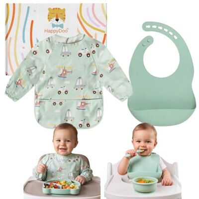 HappyDoo 2 babetes bebé impermeáveis sem BPA tamanho 6-24 meses Babete de manga comprida com bolso babete de silicone ajustável 6 posições, recolhe migalhas HappyDoo 2 babetes bebé impermeáveis sem BPA tamanho 6-24 meses Babete de manga comprida com bolso babete de silicone ajustável 6 posições, recolhe migalhas