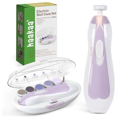 haakaa Máquina de cortar unhas para bebé, lima de unhas suave para recém-nascidos e bebés, lima elétrica segura e de baixo ruído para uso familiar, projetada para pais pela primeira vez, luz LED, 6 cabeças e haakaa Máquina de cortar unhas para bebé, lima de unhas suave para recém-nascidos e bebés, lima elétrica segura e de baixo ruído para uso familiar, projetada para pais pela primeira vez, luz LED, 6 cabeças e