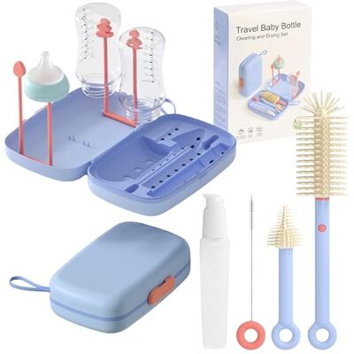 UABA Set Limpador de biberões 7 em 1, kit de limpeza e secagem portátil com 3 escovas, escorredor dobrável e doseador de sabão, sem BPA, azul UABA Set Limpador de biberões 7 em 1, kit de limpeza e secagem portátil com 3 escovas, escorredor dobrável e doseador de sabão, sem BPA, azul
