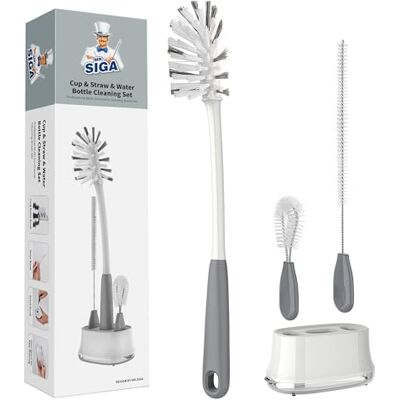MR.SIGA Conjunto escovas para garrafas de água com suporte de armazenamento MR.SIGA Conjunto escovas para garrafas de água com suporte de armazenamento