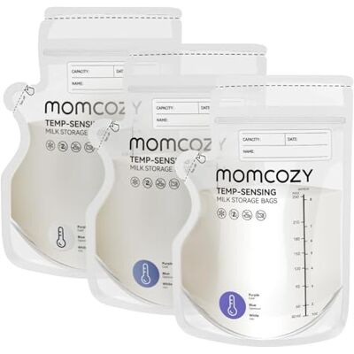 momcozy Sacos leite materno com verte, 250 ml, termossensíveis (mudança de cor), 200 unidades, base auto-estável, pré-esterilizada, anti-fugas, adequados para congelador, recicláveis e sem BPA momcozy Sacos leite materno com verte, 250 ml, termossensíveis (mudança de cor), 200 unidades, base auto-estável, pré-esterilizada, anti-fugas, adequados para congelador, recicláveis e sem BPA
