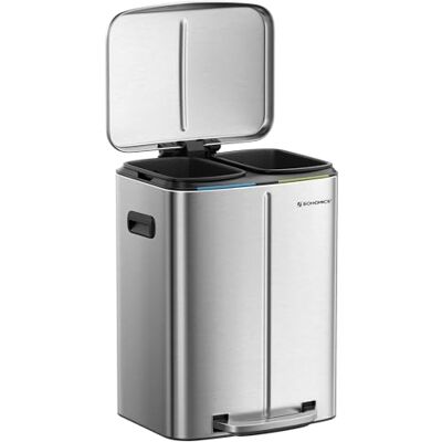 SONGMICS Caixote de lixo duplo, 2 x 20 l, aço inoxidável, pedal Cubo de cozinha, cubos interiores de plástico, tampas de fecho suave e alças, selo antiodor, prata, coleção ISLAND SONGMICS Caixote de lixo duplo, 2 x 20 l, aço inoxidável, pedal Cubo de cozinha, cubos interiores de plástico, tampas de fecho suave e alças, selo antiodor, prata, coleção ISLAND
