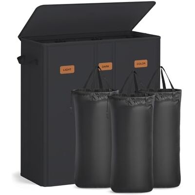 SONGMICS Cesto de roupa suja com 3 compartimentos, 160 l, tampa, 5 etiquetas, saco interior removível e lavável, lavandaria, preto tinta RLH013B01 SONGMICS Cesto de roupa suja com 3 compartimentos, 160 l, tampa, 5 etiquetas, saco interior removível e lavável, lavandaria, preto tinta RLH013B01