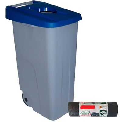 Denox Recipiente de resíduos, reciclo 85 l, azul com tampa aberta e rodas, plástico resistente, encaixável, pega ergonómica, ideal para reciclagem e coletividades, Denox Recipiente de resíduos, reciclo 85 l, azul com tampa aberta e rodas, plástico resistente, encaixável, pega ergonómica, ideal para reciclagem e coletividades,