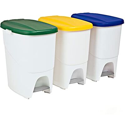 Denox Conjunto de 3 cubos de reciclagem com pedal. Caixotes do lixo cozinha com tampa amarela verde e azul. 3 x 25 l. Separadores de resíduos, polipropileno resistente e fácil de limpar Denox Conjunto de 3 cubos de reciclagem com pedal. Caixotes do lixo cozinha com tampa amarela verde e azul. 3 x 25 l. Separadores de resíduos, polipropileno resistente e fácil de limpar
