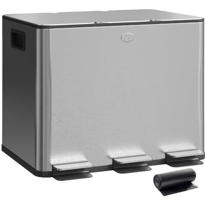 HOMCOM Cubo de Basura de Cocina con 3 Compartimentos 3x10L con Pedal Plata Lixeira de cozinha, aço inoxidável, tampas de fecho suave, balde removível, para reciclagem resíduos restos de comida HOMCOM Cubo de Basura de Cocina con 3 Compartimentos 3x10L con Pedal Plata Lixeira de cozinha, aço inoxidável, tampas de fecho suave, balde removível, para reciclagem resíduos restos de comida