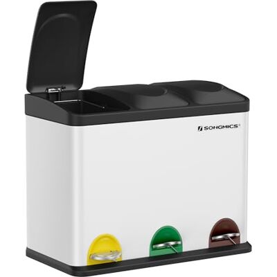 SONGMICS Cubo triplo para cozinha, caixote do lixo de reciclagem, pedal, de metal 45 l, sistema de separação de resíduos, 3 x 15 l, com tampa, aço, branco SONGMICS Cubo triplo para cozinha, caixote do lixo de reciclagem, pedal, de metal 45 l, sistema de separação de resíduos, 3 x 15 l, com tampa, aço, branco