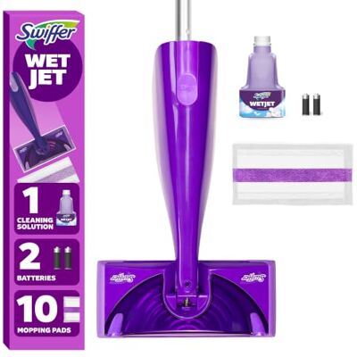Swiffer WetJet Kit de iniciação de limpador de esfregona em aerossol para madeira dura e pisos, inclui: esfregona elétrica, 0 almofadas, solução de limpeza, baterias Swiffer WetJet Kit de iniciação de limpador de esfregona em aerossol para madeira dura e pisos, inclui: esfregona elétrica, 0 almofadas, solução de limpeza, baterias