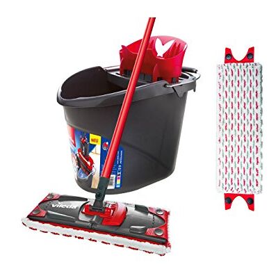 Vileda Ultramax Conjunto completo de esfregona 2 em 1 com capa extra Microfibra Cubo com PowerPress Cabo para parquet, laminado, vinil e azulejos, preto/vermelho Vileda Ultramax Conjunto completo de esfregona 2 em 1 com capa extra Microfibra Cubo com PowerPress Cabo para parquet, laminado, vinil e azulejos, preto/vermelho