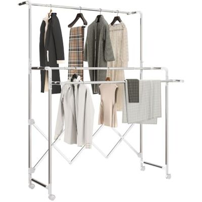 HOMCOM Estendal vertical dobrável de 3 níveis com 4 rodas, prata Estendal de aço inoxidável, 3 barras ajustáveis e extensíveis, para interior HOMCOM Estendal vertical dobrável de 3 níveis com 4 rodas, prata Estendal de aço inoxidável, 3 barras ajustáveis e extensíveis, para interior