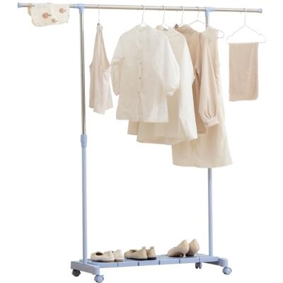 HOMCOM Estendal extensível com rodas altura ajustável azul e prata Estendal de roupa, barra de aço inoxidável, prateleira para sapatos, para interior, largura 94-159 cm altura 93-168 cm HOMCOM Estendal extensível com rodas altura ajustável azul e prata Estendal de roupa, barra de aço inoxidável, prateleira para sapatos, para interior, largura 94-159 cm altura 93-168 cm