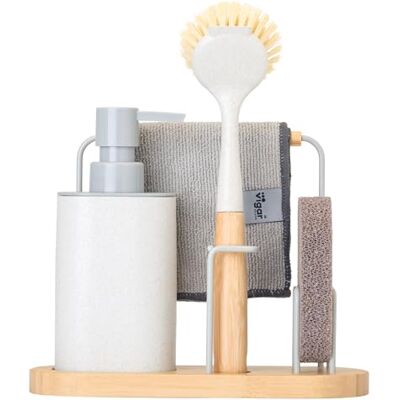 VIGAR Organizador de lava-loiças, com Dosificafor de sabão de 350 ml, 22 x 8,5 x 26 cm, Vintage com esponja, pano e escova de lava-louças, para regar pratos branco e bambu VIGAR Organizador de lava-loiças, com Dosificafor de sabão de 350 ml, 22 x 8,5 x 26 cm, Vintage com esponja, pano e escova de lava-louças, para regar pratos branco e bambu