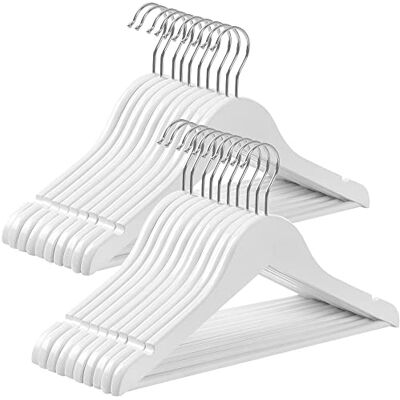SONGMICS Conjunto de 20 cabides para crianças de madeira maciça, para roupa infantil, com barra de calças, entalhes para ombros, ganchos giratórios, 35 cm de comprimento, branco e prata SONGMICS Conjunto de 20 cabides para crianças de madeira maciça, para roupa infantil, com barra de calças, entalhes para ombros, ganchos giratórios, 35 cm de comprimento, branco e prata
