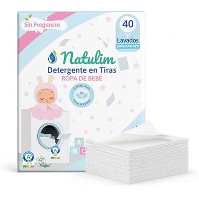 Natulim Detergente em tiras para bebés (40 lavagens) sem fragrância Fórmula ultra-concentrada limpeza suave em água fria para roupa delicada roupa limpa e macia sem sujar o planeta Natulim Detergente em tiras para bebés (40 lavagens) sem fragrância Fórmula ultra-concentrada limpeza suave em água fria para roupa delicada roupa limpa e macia sem sujar o planeta