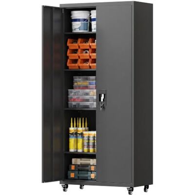 HOMCOM Armário de ferramentas de aço rodas com travão 180 cm, preto Carrinho de ferramentas com fechadura e 4 prateleiras ajustáveis, carga 250 kg, carrinho de oficina para garagem, casa HOMCOM Armário de ferramentas de aço rodas com travão 180 cm, preto Carrinho de ferramentas com fechadura e 4 prateleiras ajustáveis, carga 250 kg, carrinho de oficina para garagem, casa