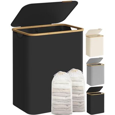 SONGMICS Cesto de roupa suja com tampa, 2 secções, 130 L, dobrável Grande cesta de lavagem, 52 x 38,5 x 70,5 cm, forro de malha removível, tecido Oxford, asas de bambu SONGMICS Cesto de roupa suja com tampa, 2 secções, 130 L, dobrável Grande cesta de lavagem, 52 x 38,5 x 70,5 cm, forro de malha removível, tecido Oxford, asas de bambu