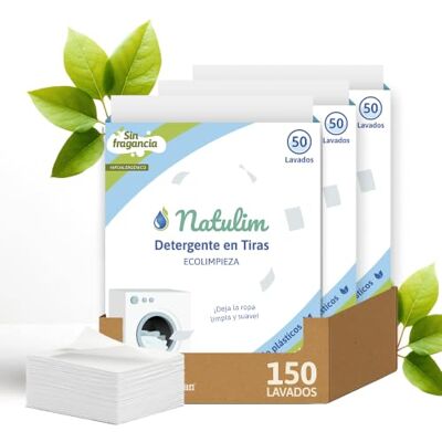 Natulim Detergente em tiras para máquina de lavar (150 lavagens) sem Inclui efeito suave, ecológico, hipoalergénico, feito em Espanha, roupa limpa e macia sem sujar o planeta 3 pacotes Natulim Detergente em tiras para máquina de lavar (150 lavagens) sem Inclui efeito suave, ecológico, hipoalergénico, feito em Espanha, roupa limpa e macia sem sujar o planeta 3 pacotes