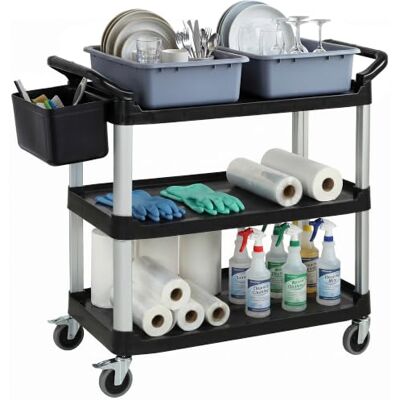 HOMCOM Carrinho de limpeza com rodas 115 x 50 x 100 cm preto Carrinho de serviço com 3 prateleiras, 2 recipientes e cubo lateral pendente, estrutura de alumínio, carga 100 kg HOMCOM Carrinho de limpeza com rodas 115 x 50 x 100 cm preto Carrinho de serviço com 3 prateleiras, 2 recipientes e cubo lateral pendente, estrutura de alumínio, carga 100 kg