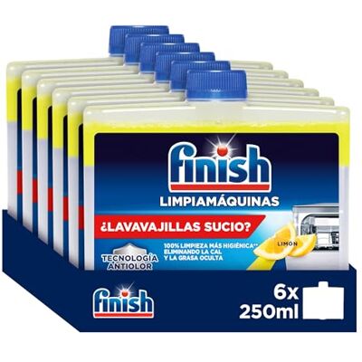 Finish Limpador de máquinas Limpeza higiénica para a máquina de lavar louça contra mau cheiro, calcário e gordura, líquido, aroma limão, pack de 6 unidades de 250 ml Finish Limpador de máquinas Limpeza higiénica para a máquina de lavar louça contra mau cheiro, calcário e gordura, líquido, aroma limão, pack de 6 unidades de 250 ml