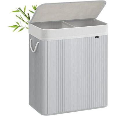 SONGMICS Cesto de roupa suja, 100 l, cesta de lavandaria de 2 classificações, com tampa, bambu, com alças, dobrável, saco interior removível e lavável na máquina, para lavandaria, quarto, cinzento SONGMICS Cesto de roupa suja, 100 l, cesta de lavandaria de 2 classificações, com tampa, bambu, com alças, dobrável, saco interior removível e lavável na máquina, para lavandaria, quarto, cinzento