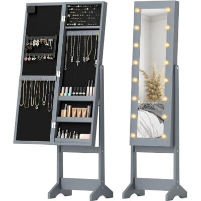 HOMCOM Espejo Joyero con Luces LED Armario Joyero de Pie Gris Armário para jóias, espelho inteiro, ângulo ajustável, prateleiras, ranhuras para anéis HOMCOM Espejo Joyero con Luces LED Armario Joyero de Pie Gris Armário para jóias, espelho inteiro, ângulo ajustável, prateleiras, ranhuras para anéis