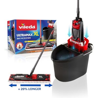 Vileda Ultramax XL 2 em 1 conjunto completo de esfregona extra larga com alça, capa de microfibra e cubo com Powerpresse, para todos os pisos duros, placa de limpa-para-brisas de 42 cm, comprimento do cabo Vileda Ultramax XL 2 em 1 conjunto completo de esfregona extra larga com alça, capa de microfibra e cubo com Powerpresse, para todos os pisos duros, placa de limpa-para-brisas de 42 cm, comprimento do cabo