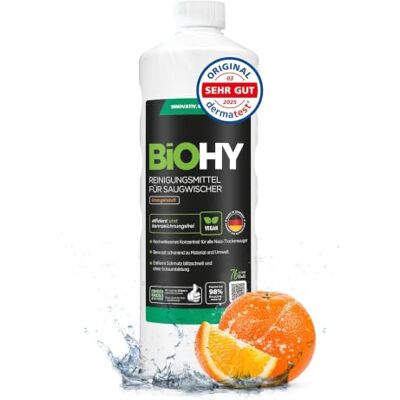 BIOHY Agente de limpeza para limpa-vidros de aspiração com aroma de laranja (1 garrafa de 1 litro) Concentrado 1:200 para aspiradores húmidos azulejos, PVC, parquet e laminado (Saugwischer BIOHY Agente de limpeza para limpa-vidros de aspiração com aroma de laranja (1 garrafa de 1 litro) Concentrado 1:200 para aspiradores húmidos azulejos, PVC, parquet e laminado (Saugwischer