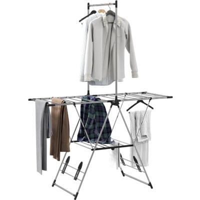 HOMCOM Estendal vertical dobrável, 5 níveis 139 x 62,5 x 201 cm prateado Estendal de roupa com asas ajustáveis, 4 suportes para calçados, barra e prateleira, armação de aço inoxidável HOMCOM Estendal vertical dobrável, 5 níveis 139 x 62,5 x 201 cm prateado Estendal de roupa com asas ajustáveis, 4 suportes para calçados, barra e prateleira, armação de aço inoxidável