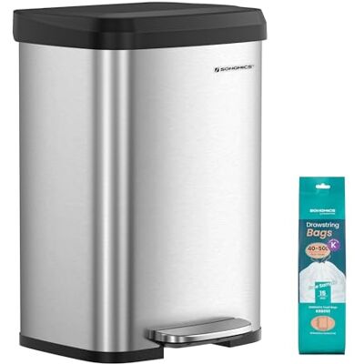 SONGMICS Caixote do lixo de cozinha, 50 l, aço inoxidável, com pedal e Caixote de lixo alto e grande, tinta de prata e preto, coleção POWE SONGMICS Caixote do lixo de cozinha, 50 l, aço inoxidável, com pedal e Caixote de lixo alto e grande, tinta de prata e preto, coleção POWE