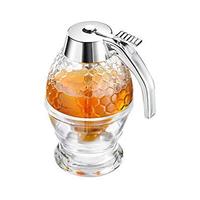 Westmark Dispensador de mel/xarope com suporte, capacidade: 200 ml, design de favo de mel, vidro/plástico, de luxo, transparente / prateado, Westmark Dispensador de mel/xarope com suporte, capacidade: 200 ml, design de favo de mel, vidro/plástico, de luxo, transparente / prateado,