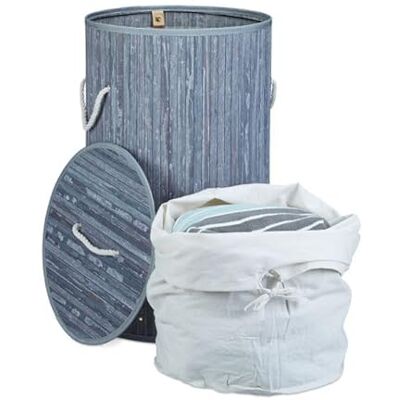 Relaxdays Cesto de roupa suja com tampa, redondo, balde lavado, cesta dobrável, bambu, 70 l, Ø 41 cm, cinzento Relaxdays Cesto de roupa suja com tampa, redondo, balde lavado, cesta dobrável, bambu, 70 l, Ø 41 cm, cinzento