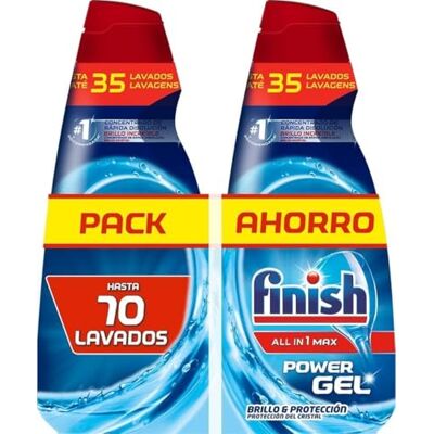 Finish All in 1 Max Power Gel brilho e proteção, detergente gel para máquina de lavar louça, 2 unidades total 70 lavagens Finish All in 1 Max Power Gel brilho e proteção, detergente gel para máquina de lavar louça, 2 unidades total 70 lavagens
