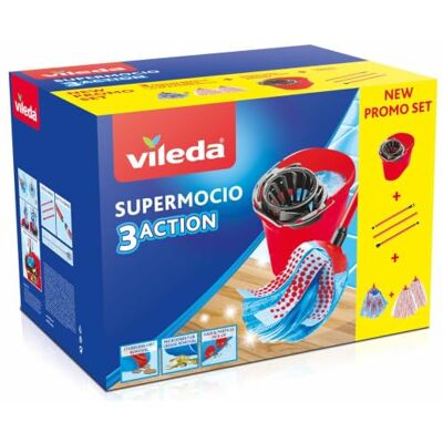 Vileda SuperMocio Box, Sistema para Esfregar Pisos, Conjunto com escorredor, 2 Copos de Microfibra & Power, 1 Laço 3Action, Cabo de 3 Peças, Vermelho Vileda SuperMocio Box, Sistema para Esfregar Pisos, Conjunto com escorredor, 2 Copos de Microfibra & Power, 1 Laço 3Action, Cabo de 3 Peças, Vermelho