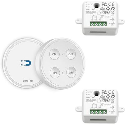 LoraTap Kit de interruptor de luzes sem fios, interruptor sem fios 2 peças recetor de relé controlo remoto de rádio até 200 m controlo remoto para casa iluminação e eletrodomésticos LoraTap Kit de interruptor de luzes sem fios, interruptor sem fios 2 peças recetor de relé controlo remoto de rádio até 200 m controlo remoto para casa iluminação e eletrodomésticos