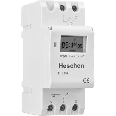 Heschen Interruptor de relé semanal de alimentação do temporizador Digital, LCD, THC15A, AC 220 V a 240 V, 16 A SPST, 35 mm, calha DIN Heschen Interruptor de relé semanal de alimentação do temporizador Digital, LCD, THC15A, AC 220 V a 240 V, 16 A SPST, 35 mm, calha DIN