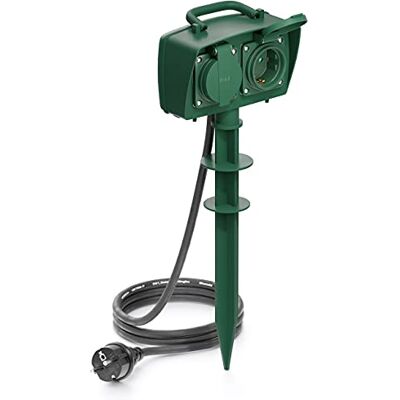 deleyCON Tomada exterior com estaca, duas tomadas, proteção reforçada, IP44 resistente a salpicos, adequada para exteriores, cabo de 1,4 m para jardim e terraço deleyCON Tomada exterior com estaca, duas tomadas, proteção reforçada, IP44 resistente a salpicos, adequada para exteriores, cabo de 1,4 m para jardim e terraço