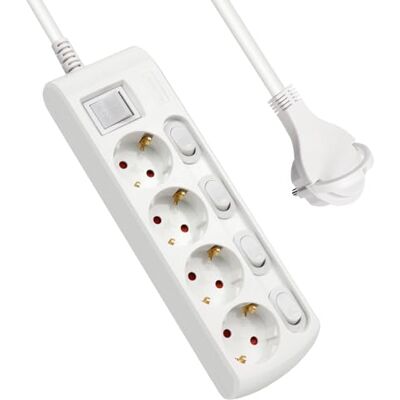 EXTRASTAR Extensão elétrica com 4 tomadas + 4 interruptores individuais, 1 interruptor principal, cabo de 1,5 m com ficha plana, para casa, escritório e viagens, 16A, 250V, 3680W, branco EXTRASTAR Extensão elétrica com 4 tomadas + 4 interruptores individuais, 1 interruptor principal, cabo de 1,5 m com ficha plana, para casa, escritório e viagens, 16A, 250V, 3680W, branco