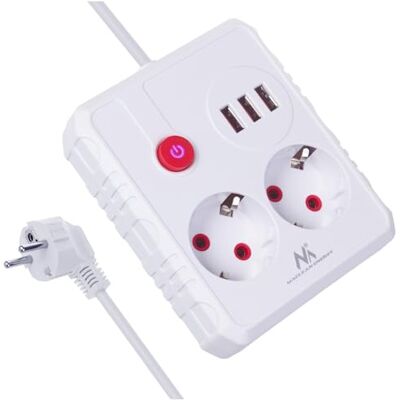Maclean MCE387/8 Extensão 2 tomadas 3 x USB 2500 W cabo compacto com tomadas angulares de 45°, interruptor iluminado para montagem na parede, branco, 3 m) Maclean MCE387/8 Extensão 2 tomadas 3 x USB 2500 W cabo compacto com tomadas angulares de 45°, interruptor iluminado para montagem na parede, branco, 3 m)