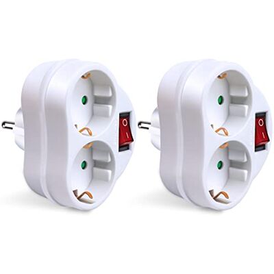 EXTRASTAR 2 em 1 Adaptador com Interruptor e 2 Tomadas Schuko, Adaptador de Extensão, até Carregamento 3680W, 16A/250V~, Branco, 2Pcs EXTRASTAR 2 em 1 Adaptador com Interruptor e 2 Tomadas Schuko, Adaptador de Extensão, até Carregamento 3680W, 16A/250V~, Branco, 2Pcs