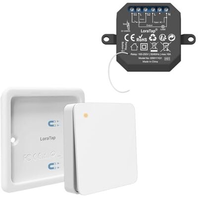 LoraTap Interruptor de Luz Sem Fios , Comando a Distância e Receptor de Relé 10A, Interruptor Sem Fios de Parede para Lâmpadas e Eletrodomésticos, Controlo Remoto RF até 200m LoraTap Interruptor de Luz Sem Fios , Comando a Distância e Receptor de Relé 10A, Interruptor Sem Fios de Parede para Lâmpadas e Eletrodomésticos, Controlo Remoto RF até 200m