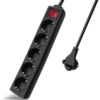 EXTRASTAR Extensão Elétrica com 5 Tomadas e Interruptor, Cabo 1,5M com Tomada Plana, para Casa, Escritório e Viagens, 16A, 250V, 3680W, Preto EXTRASTAR Extensão Elétrica com 5 Tomadas e Interruptor, Cabo 1,5M com Tomada Plana, para Casa, Escritório e Viagens, 16A, 250V, 3680W, Preto