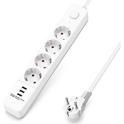 Aigostar Extensão elétrica de 4 tomadas com Cabo de 1,5 Metros e Interruptor com 3 USB Aigostar Extensão elétrica de 4 tomadas com Cabo de 1,5 Metros e Interruptor com 3 USB