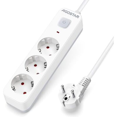 Aigostar Extensão de 3 tomadas com interruptor, 5 m cabo, 16 A/3680 W, proteção infantil, branco, extensão elétrica para casa, escritório, quarto Aigostar Extensão de 3 tomadas com interruptor, 5 m cabo, 16 A/3680 W, proteção infantil, branco, extensão elétrica para casa, escritório, quarto