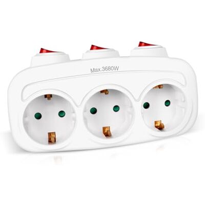 EXTRASTAR 3 em 1 Adaptador com 3 Interruptor e 3 Tomadas Schuko, Adaptador de Extensão, até Carregamento 3680W, 16A/250V~, Branco, 1Un EXTRASTAR 3 em 1 Adaptador com 3 Interruptor e 3 Tomadas Schuko, Adaptador de Extensão, até Carregamento 3680W, 16A/250V~, Branco, 1Un