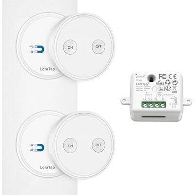 LoraTap Kit de interruptor sem fios para luzes e eletrodomésticos, recetor de alta potência 2500 W 10 A, alcance longo até 200 m, inclui 2 comandos à distância 1 relé LoraTap Kit de interruptor sem fios para luzes e eletrodomésticos, recetor de alta potência 2500 W 10 A, alcance longo até 200 m, inclui 2 comandos à distância 1 relé