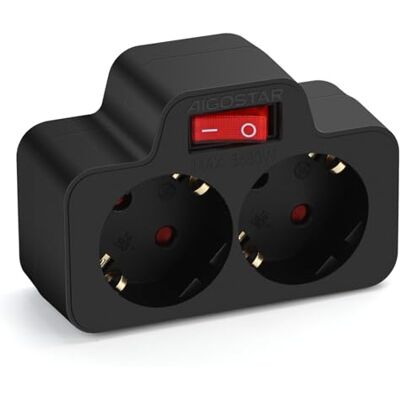 Aigostar Adaptador de tomadas europeu com 2 tomadas e interruptor, tomada de parede com proteção infantil, 16A, 250V, preto Aigostar Adaptador de tomadas europeu com 2 tomadas e interruptor, tomada de parede com proteção infantil, 16A, 250V, preto