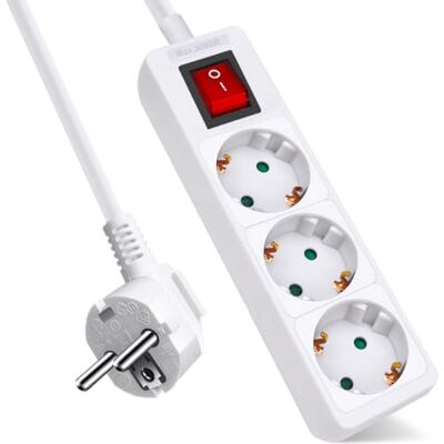 EXTRASTAR Extensão com 3 tomadas e interruptor, cabo de 1,5 m, 3 tomadas para casa, escritório e viagens, MAX 3680 W, 16 A, 250 V, branco, 1 unidade EXTRASTAR Extensão com 3 tomadas e interruptor, cabo de 1,5 m, 3 tomadas para casa, escritório e viagens, MAX 3680 W, 16 A, 250 V, branco, 1 unidade