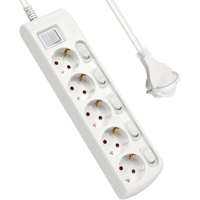 EXTRASTAR Extensão Elétrica com 5 Tomadas + 5 Interruptores Individuais, 1 Interruptor Principal, Cabo 1,5M Tomada Plana, para o lar, Escritório e Viagens, 16A, 250V, 3680W, Branco EXTRASTAR Extensão Elétrica com 5 Tomadas + 5 Interruptores Individuais, 1 Interruptor Principal, Cabo 1,5M Tomada Plana, para o lar, Escritório e Viagens, 16A, 250V, 3680W, Branco