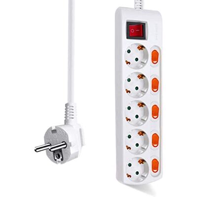 EXTRASTAR Extensão com 5 tomadas + 5 interruptores individuais, 1 interruptor principal, 3680W, 250V, 1,5M, branco, 1 unidade EXTRASTAR Extensão com 5 tomadas + 5 interruptores individuais, 1 interruptor principal, 3680W, 250V, 1,5M, branco, 1 unidade